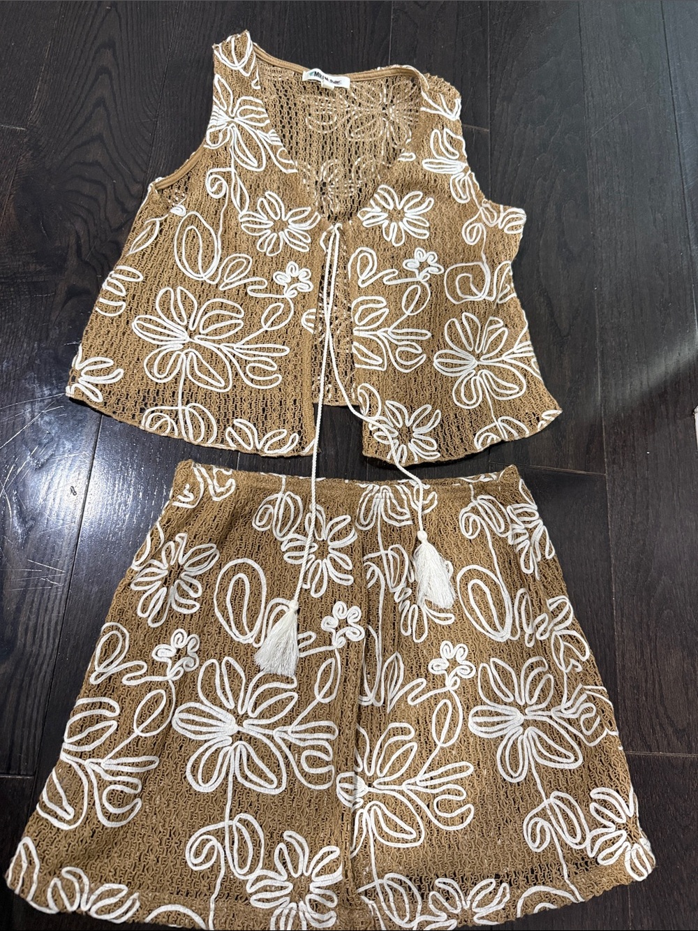 Women's Brown Crochet Swim Coverup Set with White Floral Embroidery